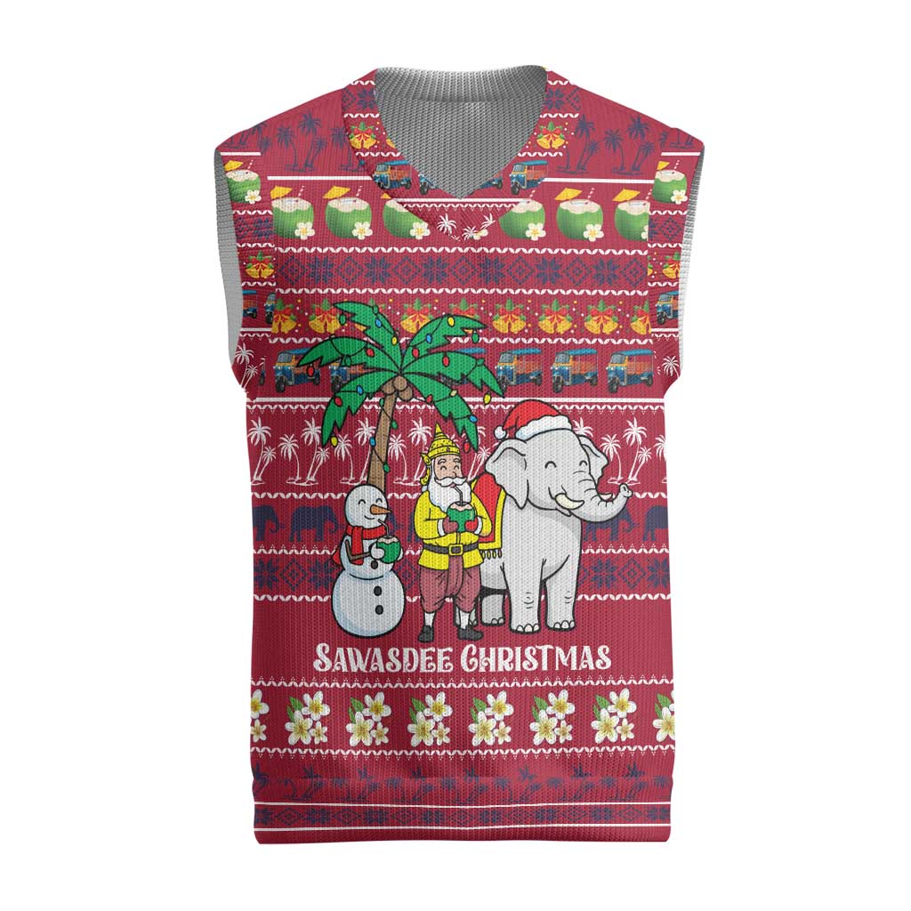 Thailand Christmas Knitted V-Neck Vest with Santa Elephant Snowman Palm Tree and Sawasdee Holiday - Wonder Print Shop