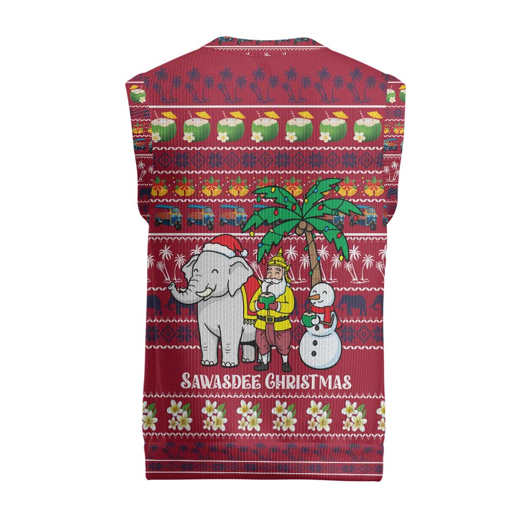Thailand Christmas Knitted V-Neck Vest with Santa Elephant Snowman Palm Tree and Sawasdee Holiday - Wonder Print Shop