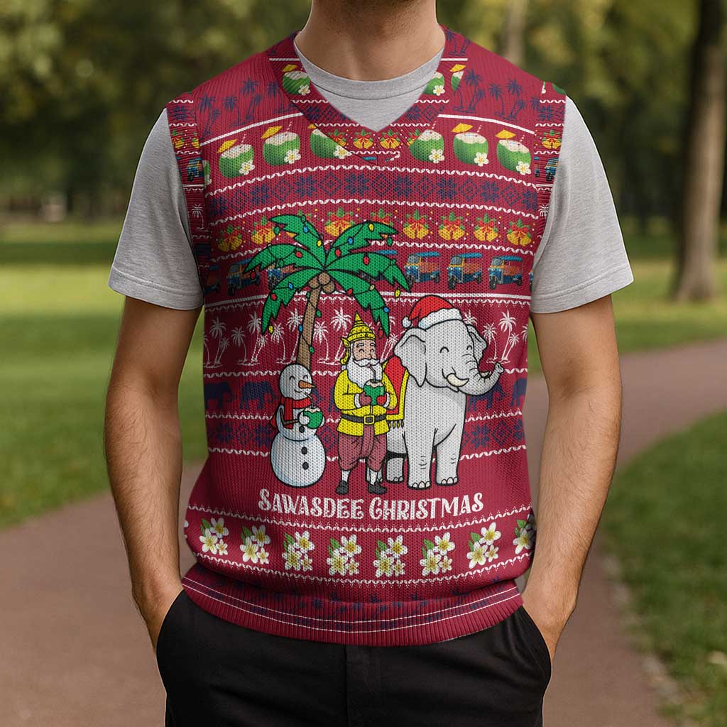 Thailand Christmas Knitted V-Neck Vest with Santa Elephant Snowman Palm Tree and Sawasdee Holiday - Wonder Print Shop