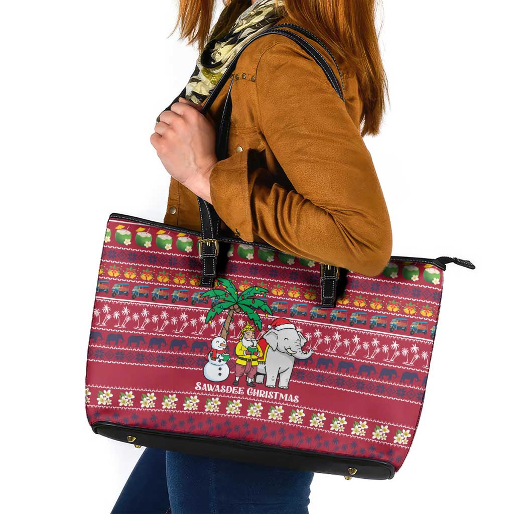 Thailand Christmas Leather Tote Bag with Santa Elephant Snowman Palm Tree and Sawasdee Holiday - Wonder Print Shop