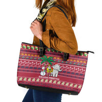 Thailand Christmas Leather Tote Bag with Santa Elephant Snowman Palm Tree and Sawasdee Holiday - Wonder Print Shop