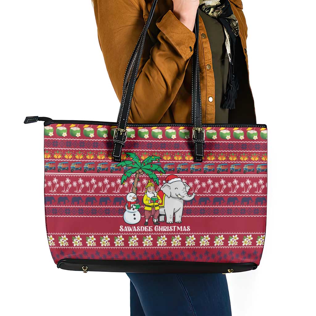 Thailand Christmas Leather Tote Bag with Santa Elephant Snowman Palm Tree and Sawasdee Holiday - Wonder Print Shop