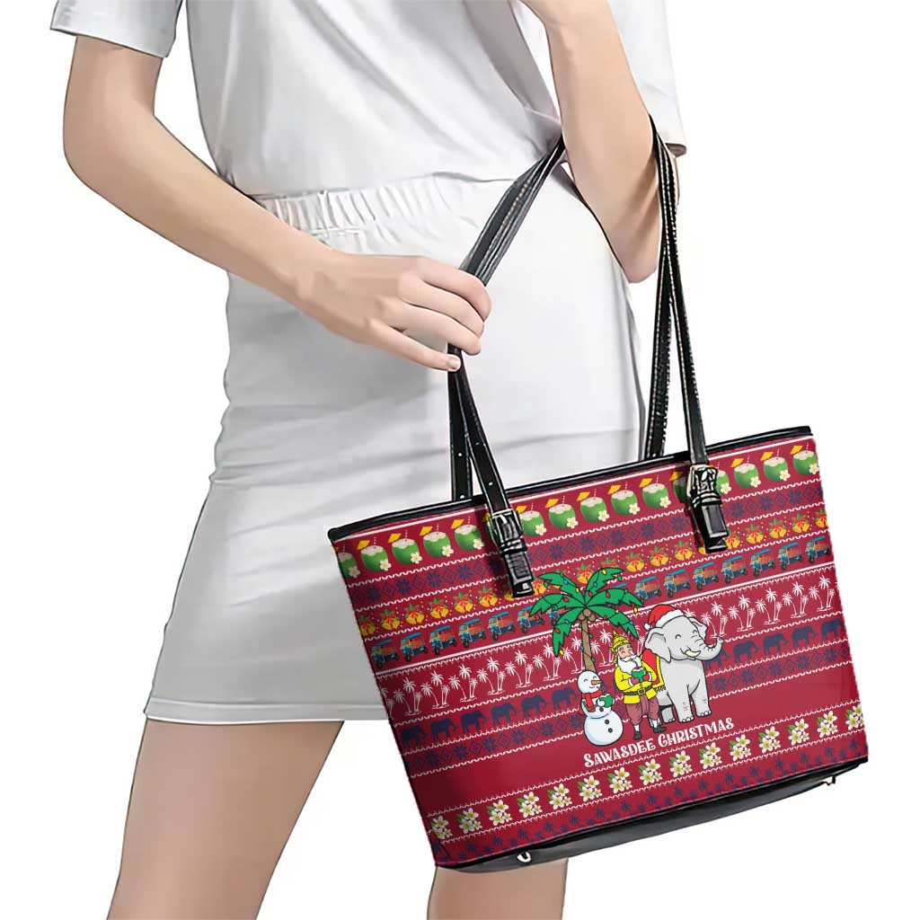 Thailand Christmas Leather Tote Bag with Santa Elephant Snowman Palm Tree and Sawasdee Holiday - Wonder Print Shop