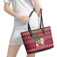 Thailand Christmas Leather Tote Bag with Santa Elephant Snowman Palm Tree and Sawasdee Holiday - Wonder Print Shop