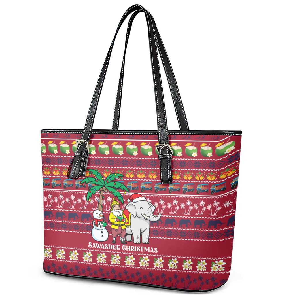 Thailand Christmas Leather Tote Bag with Santa Elephant Snowman Palm Tree and Sawasdee Holiday - Wonder Print Shop
