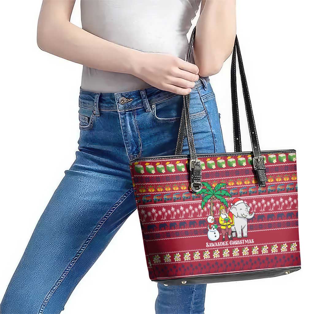 Thailand Christmas Leather Tote Bag with Santa Elephant Snowman Palm Tree and Sawasdee Holiday - Wonder Print Shop