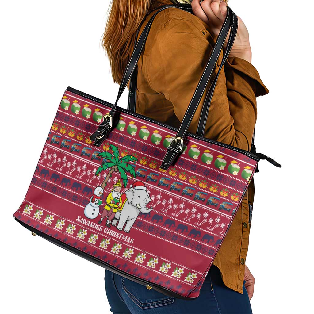 Thailand Christmas Leather Tote Bag with Santa Elephant Snowman Palm Tree and Sawasdee Holiday - Wonder Print Shop