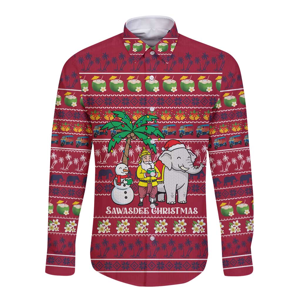 Thailand Christmas Long Sleeve Button Shirt with Santa Elephant Snowman Palm Tree and Sawasdee Holiday - Wonder Print Shop