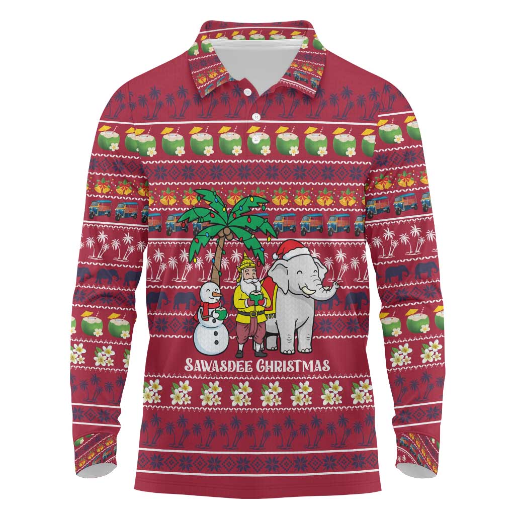 Thailand Christmas Long Sleeve Polo Shirt with Santa Elephant Snowman Palm Tree and Sawasdee Holiday - Wonder Print Shop
