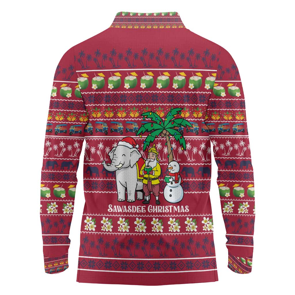 Thailand Christmas Long Sleeve Polo Shirt with Santa Elephant Snowman Palm Tree and Sawasdee Holiday - Wonder Print Shop
