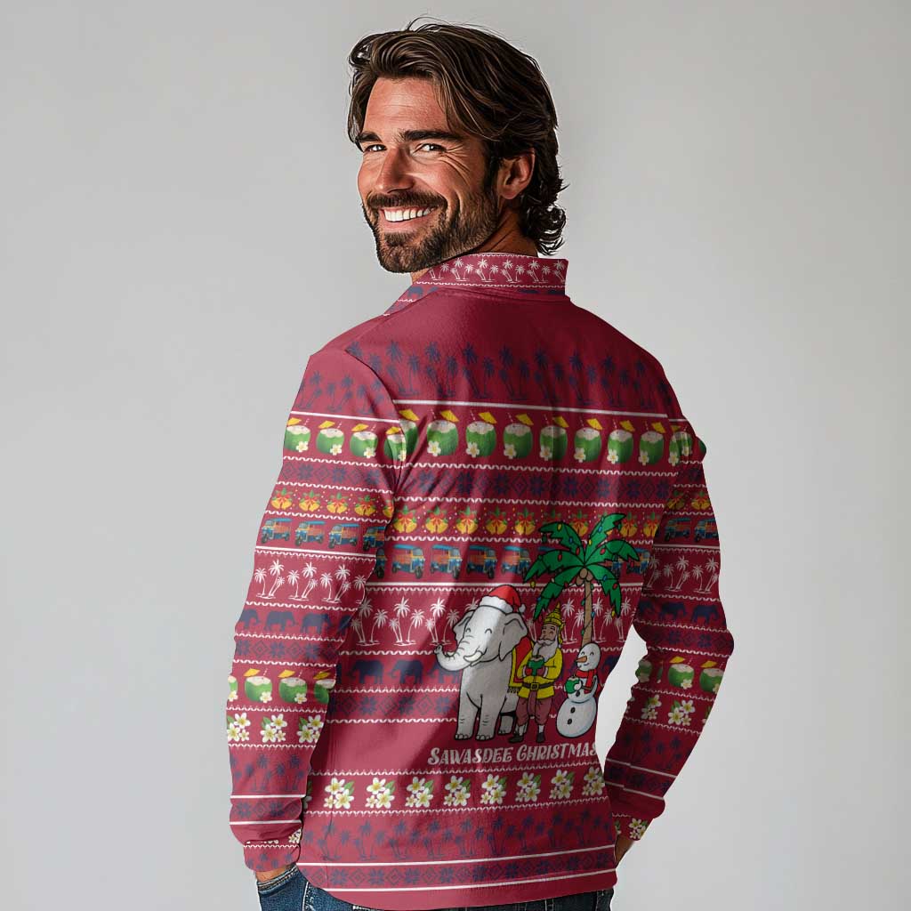 Thailand Christmas Long Sleeve Polo Shirt with Santa Elephant Snowman Palm Tree and Sawasdee Holiday - Wonder Print Shop