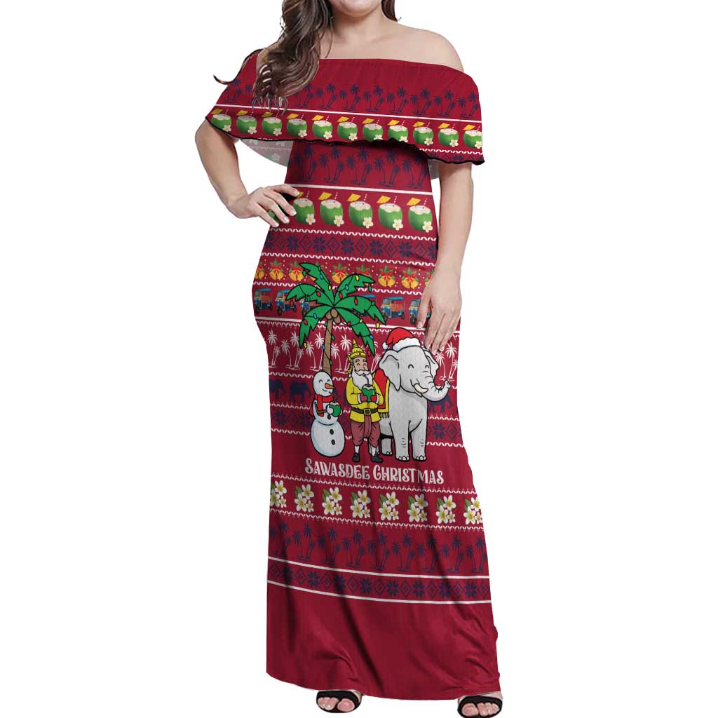 Thailand Christmas Off Shoulder Maxi Dress with Santa Elephant Snowman Palm Tree and Sawasdee Holiday - Wonder Print Shop