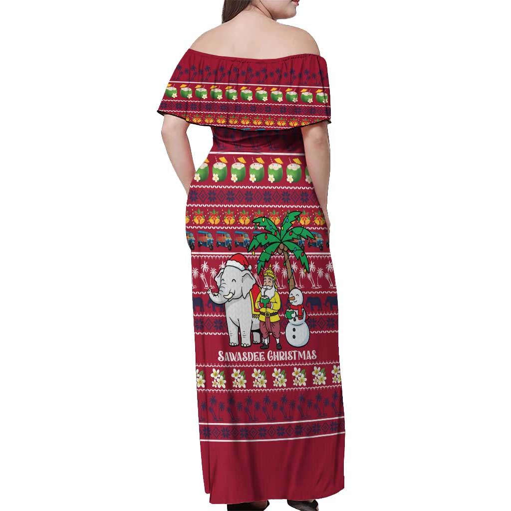 Thailand Christmas Off Shoulder Maxi Dress with Santa Elephant Snowman Palm Tree and Sawasdee Holiday - Wonder Print Shop