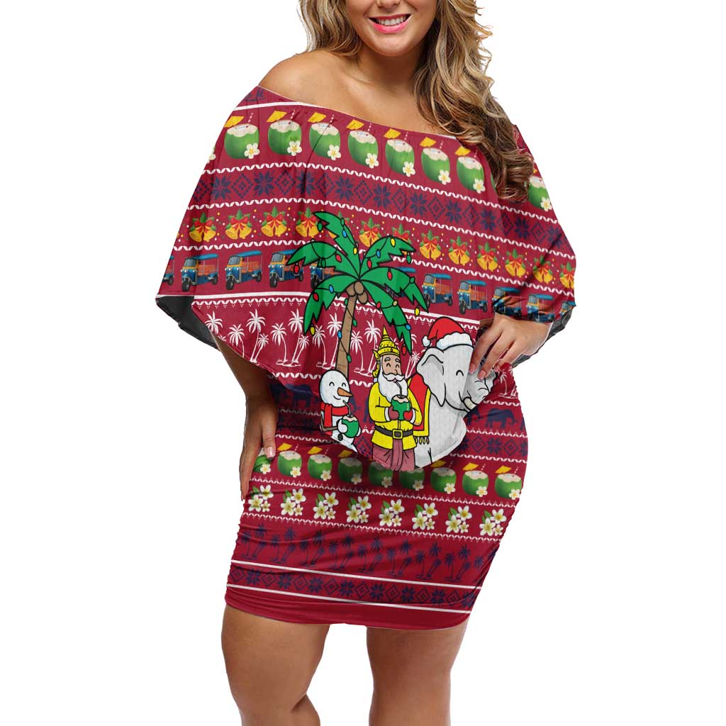 Thailand Christmas Off Shoulder Short Dress with Santa Elephant Snowman Palm Tree and Sawasdee Holiday - Wonder Print Shop