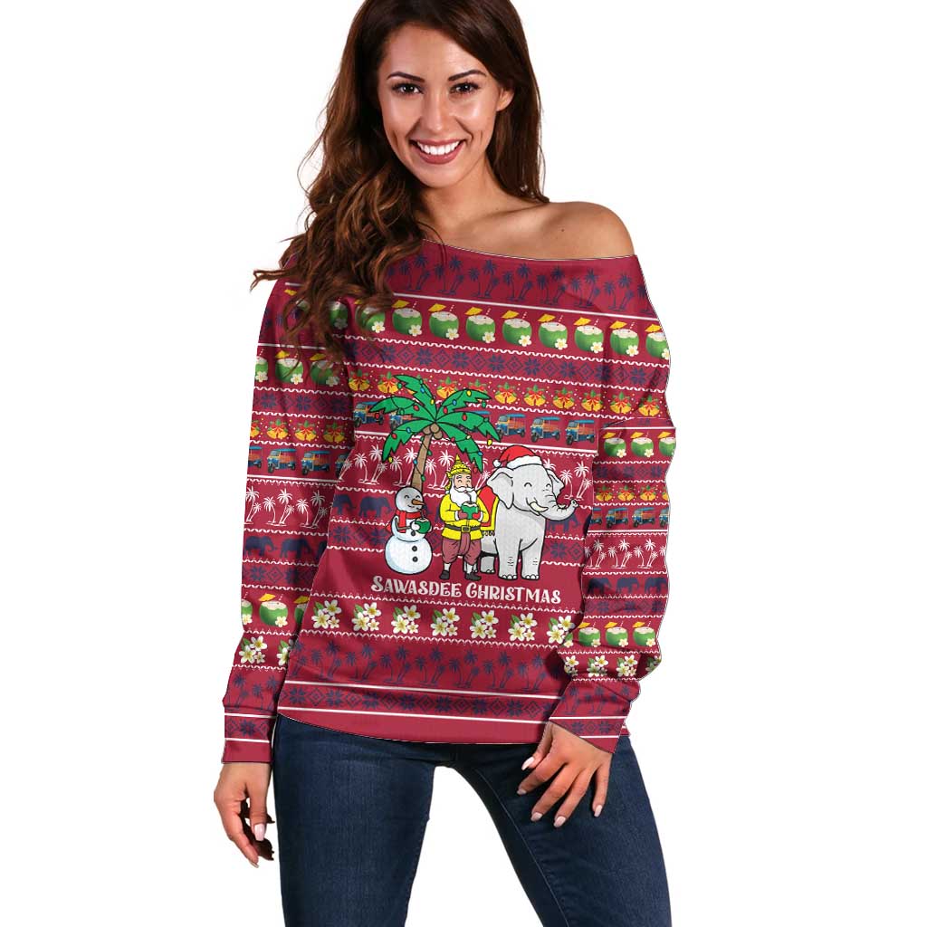 Thailand Christmas Off Shoulder Sweater with Santa Elephant Snowman Palm Tree and Sawasdee Holiday - Wonder Print Shop