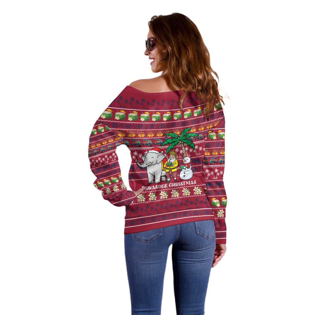 Thailand Christmas Off Shoulder Sweater with Santa Elephant Snowman Palm Tree and Sawasdee Holiday - Wonder Print Shop