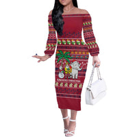 Thailand Christmas Off The Shoulder Long Sleeve Dress with Santa Elephant Snowman Palm Tree and Sawasdee Holiday - Wonder Print Shop