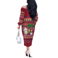 Thailand Christmas Off The Shoulder Long Sleeve Dress with Santa Elephant Snowman Palm Tree and Sawasdee Holiday - Wonder Print Shop