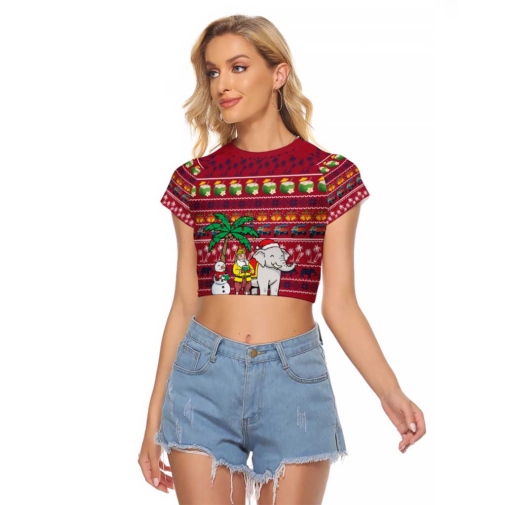 Thailand Christmas Raglan Cropped T Shirt with Santa Elephant Snowman Palm Tree and Sawasdee Holiday - Wonder Print Shop