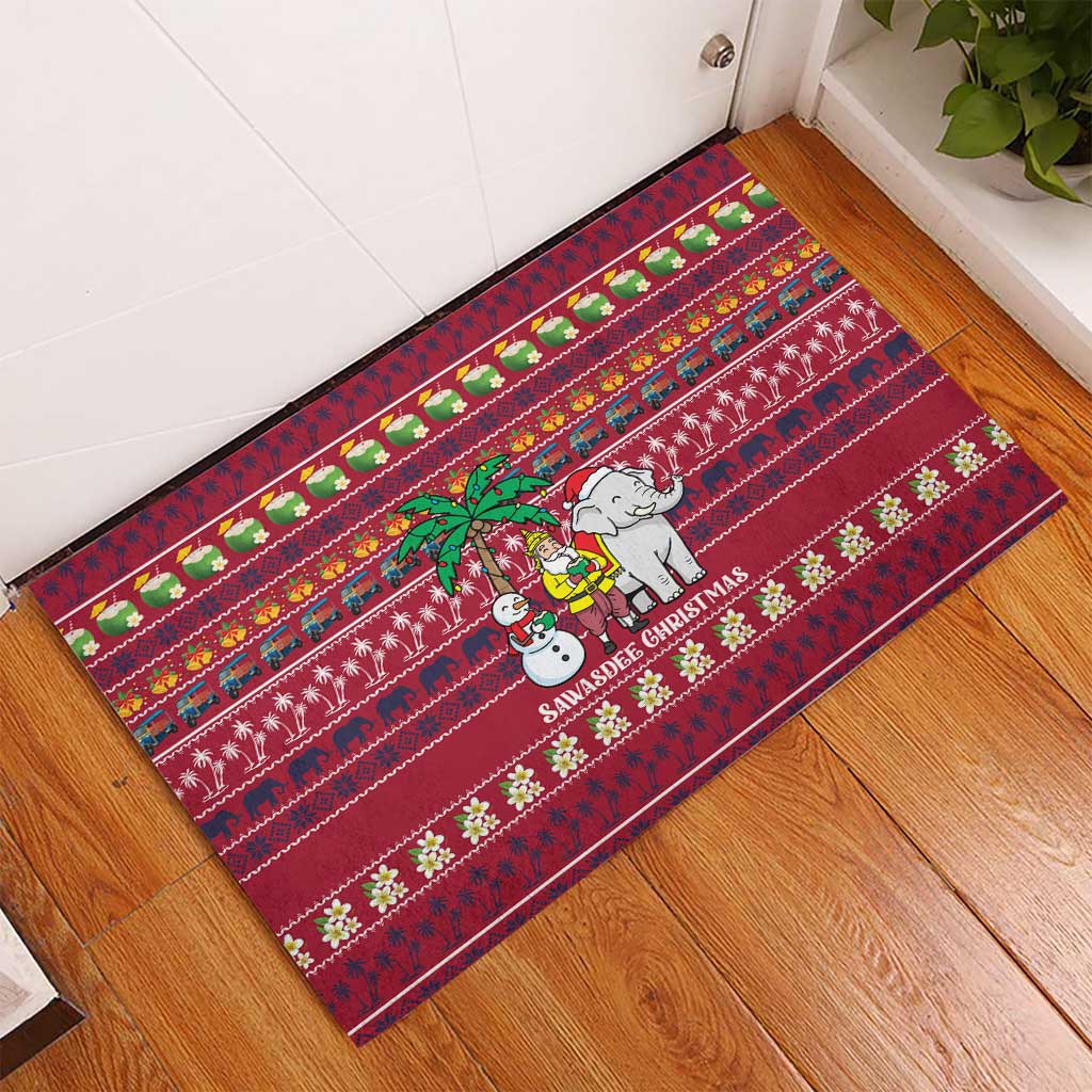 Thailand Christmas Rubber Doormat with Santa Elephant Snowman Palm Tree and Sawasdee Holiday - Wonder Print Shop