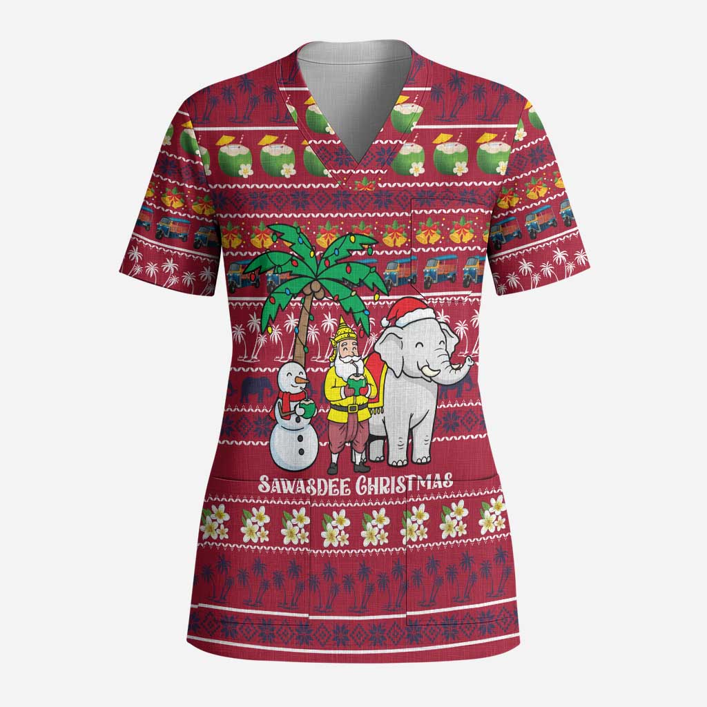 Thailand Christmas Scrub Top with Santa Elephant Snowman Palm Tree and Sawasdee Holiday - Wonder Print Shop