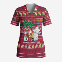 Thailand Christmas Scrub Top with Santa Elephant Snowman Palm Tree and Sawasdee Holiday - Wonder Print Shop