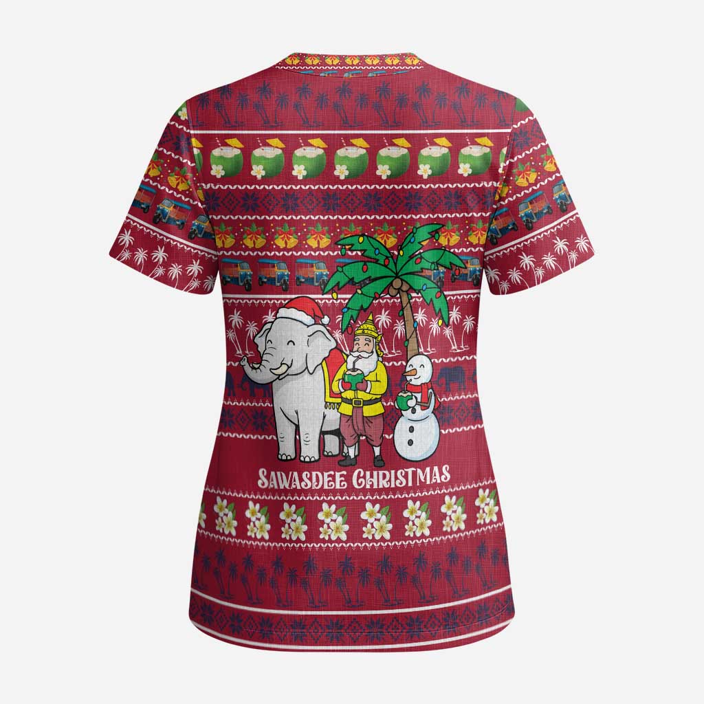 Thailand Christmas Scrub Top with Santa Elephant Snowman Palm Tree and Sawasdee Holiday - Wonder Print Shop