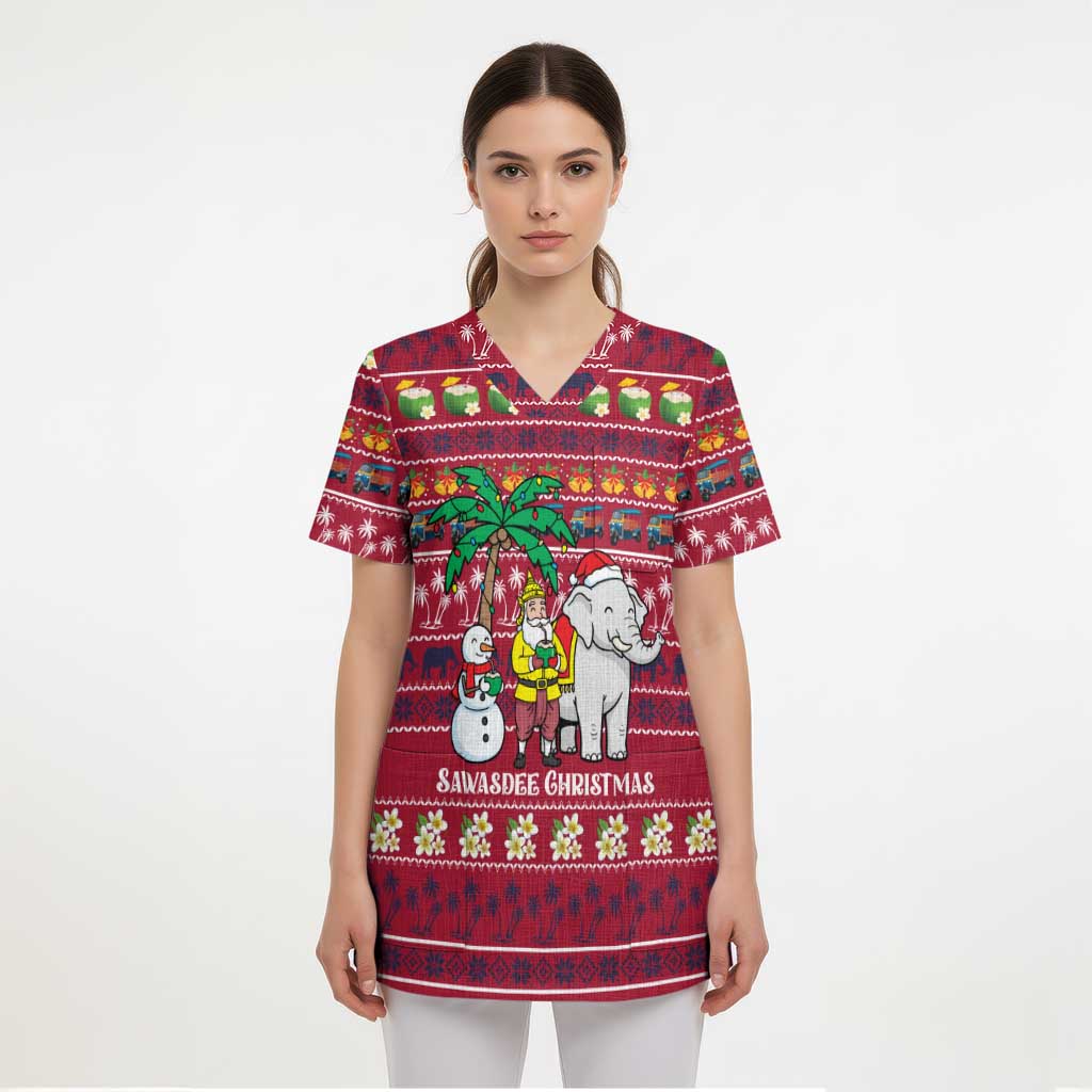 Thailand Christmas Scrub Top with Santa Elephant Snowman Palm Tree and Sawasdee Holiday - Wonder Print Shop