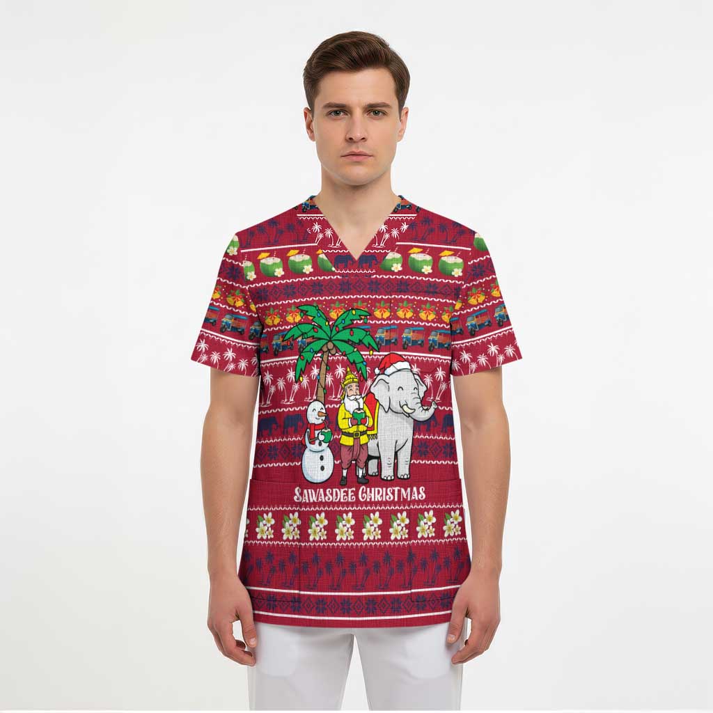 Thailand Christmas Scrub Top with Santa Elephant Snowman Palm Tree and Sawasdee Holiday - Wonder Print Shop