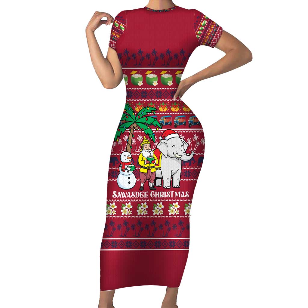 Thailand Christmas Short Sleeve Bodycon Dress with Santa Elephant Snowman Palm Tree and Sawasdee Holiday - Wonder Print Shop