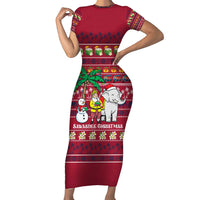 Thailand Christmas Short Sleeve Bodycon Dress with Santa Elephant Snowman Palm Tree and Sawasdee Holiday - Wonder Print Shop