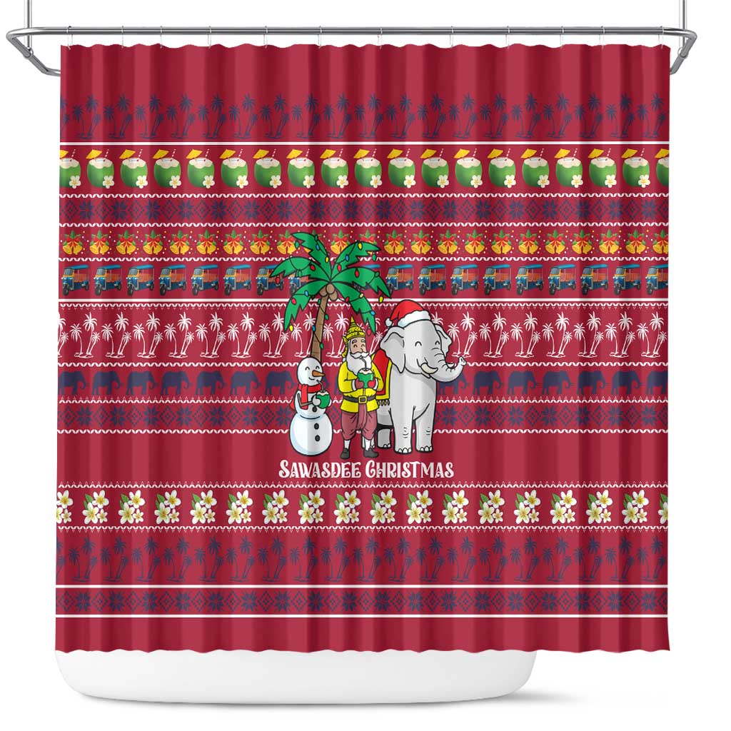 Thailand Christmas Shower Curtain with Santa Elephant Snowman Palm Tree and Sawasdee Holiday - Wonder Print Shop