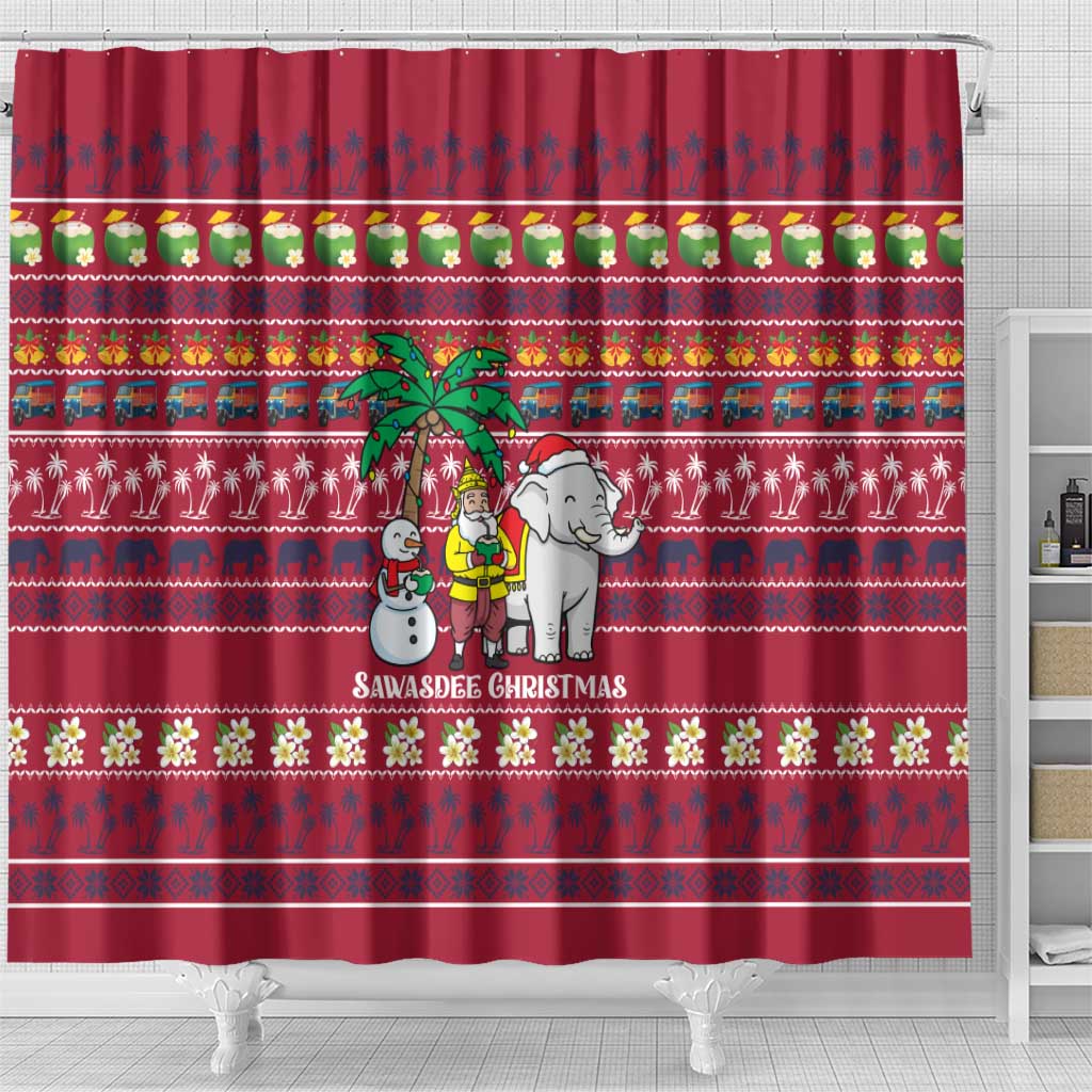 Thailand Christmas Shower Curtain with Santa Elephant Snowman Palm Tree and Sawasdee Holiday - Wonder Print Shop