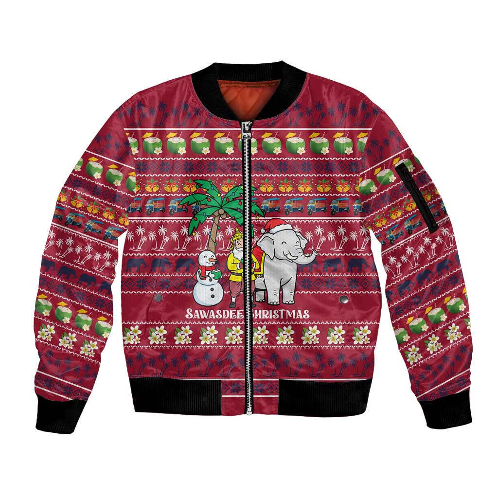 Thailand Christmas Sleeve Zip Bomber Jacket with Santa Elephant Snowman Palm Tree and Sawasdee Holiday - Wonder Print Shop
