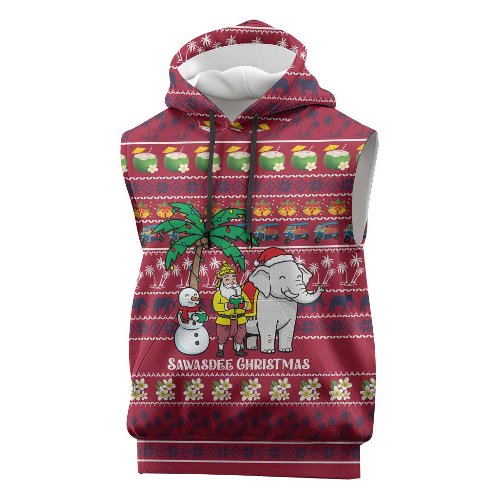 Thailand Christmas Sleeveless Hoodie with Santa Elephant Snowman Palm Tree and Sawasdee Holiday - Wonder Print Shop