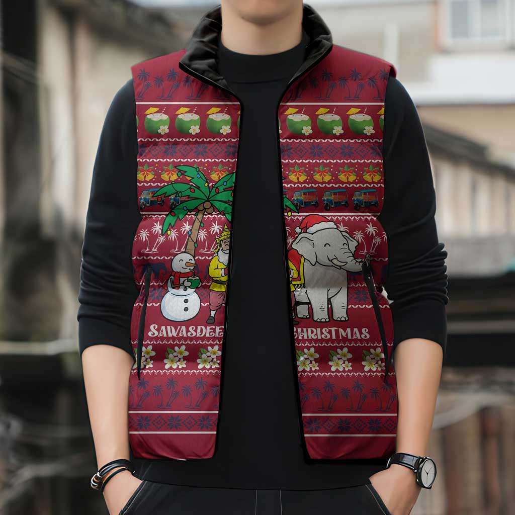 Thailand Christmas Sleeveless Puffer Jacket with Santa Elephant Snowman Palm Tree and Sawasdee Holiday - Wonder Print Shop