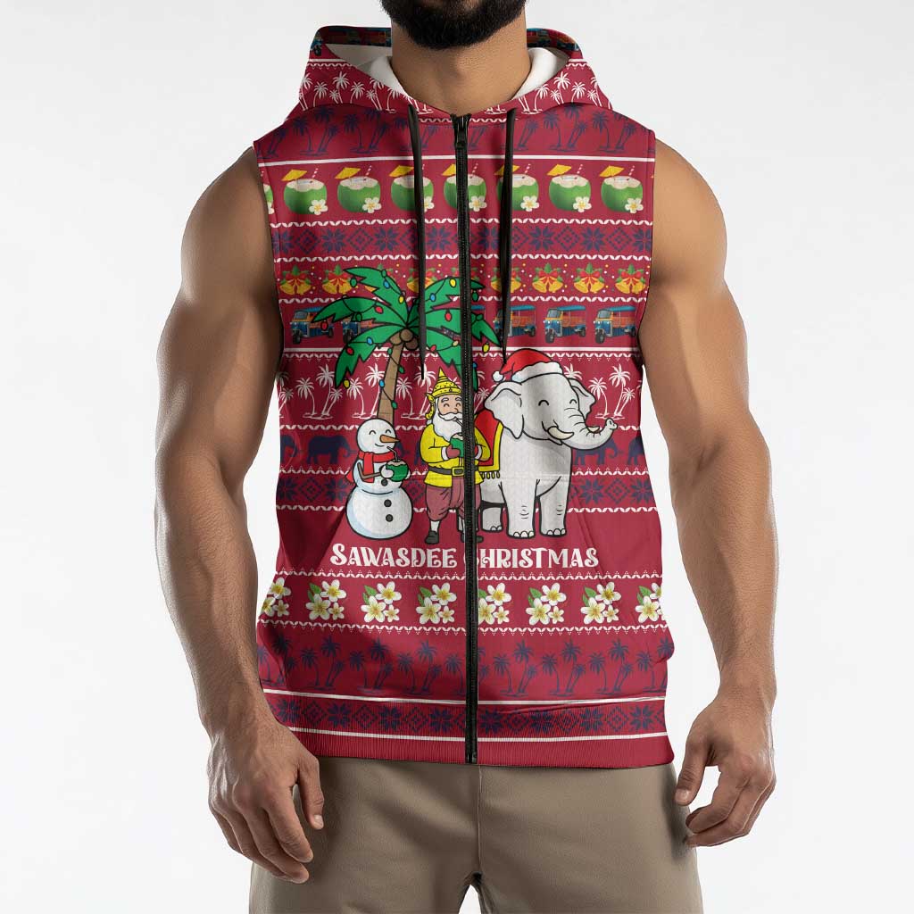 Thailand Christmas Sleeveless Zip Hoodie with Santa Elephant Snowman Palm Tree and Sawasdee Holiday - Wonder Print Shop