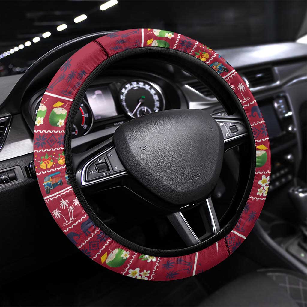 Thailand Christmas Steering Wheel Cover with Santa Elephant Snowman Palm Tree and Sawasdee Holiday - Wonder Print Shop