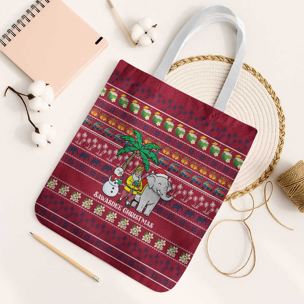 Thailand Christmas Tote Bag with Santa Elephant Snowman Palm Tree and Sawasdee Holiday - Wonder Print Shop