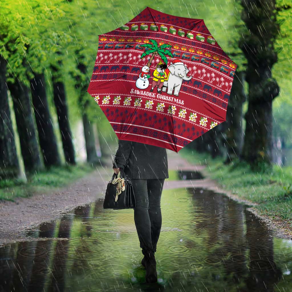 Thailand Christmas Umbrella with Santa Elephant Snowman Palm Tree and Sawasdee Holiday - Wonder Print Shop