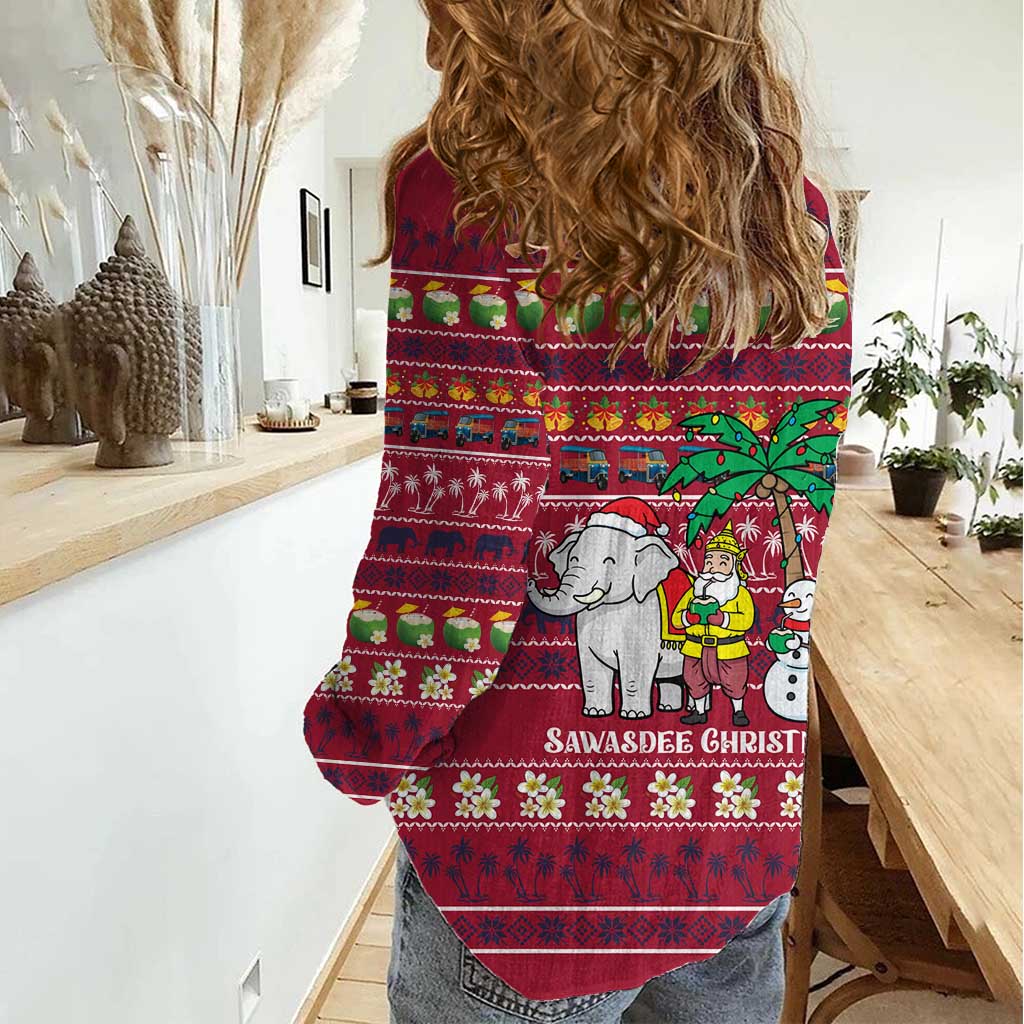 Thailand Christmas Women Casual Shirt with Santa Elephant Snowman Palm Tree and Sawasdee Holiday - Wonder Print Shop