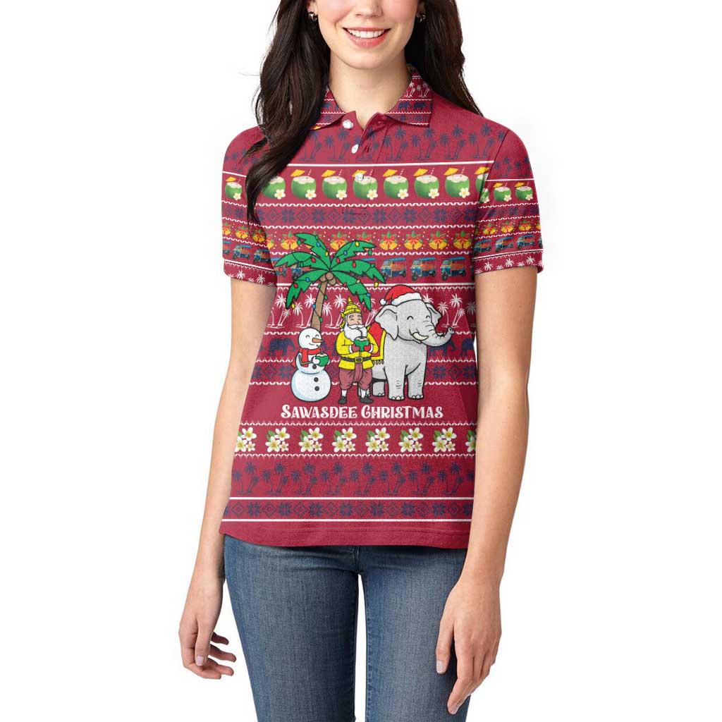 Thailand Christmas Women Polo Shirt with Santa Elephant Snowman Palm Tree and Sawasdee Holiday - Wonder Print Shop