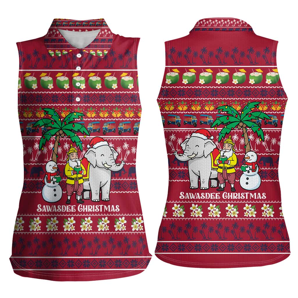 Thailand Christmas Women Sleeveless Polo Shirt with Santa Elephant Snowman Palm Tree and Sawasdee Holiday - Wonder Print Shop