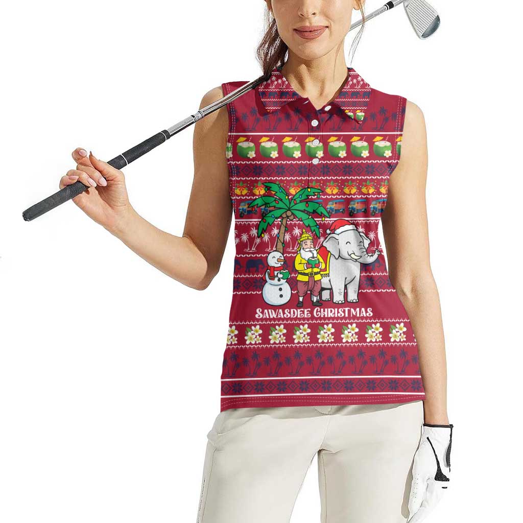 Thailand Christmas Women Sleeveless Polo Shirt with Santa Elephant Snowman Palm Tree and Sawasdee Holiday - Wonder Print Shop