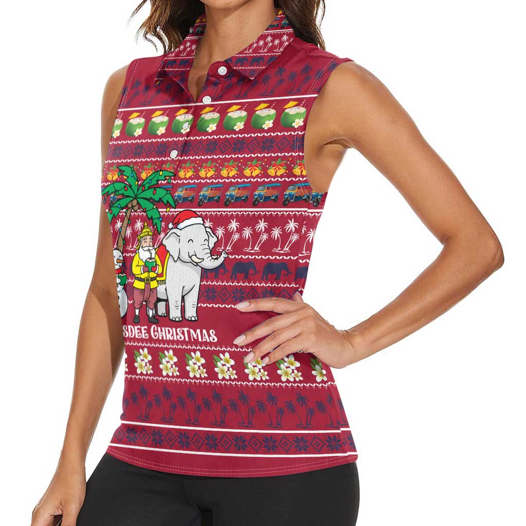 Thailand Christmas Women Sleeveless Polo Shirt with Santa Elephant Snowman Palm Tree and Sawasdee Holiday - Wonder Print Shop