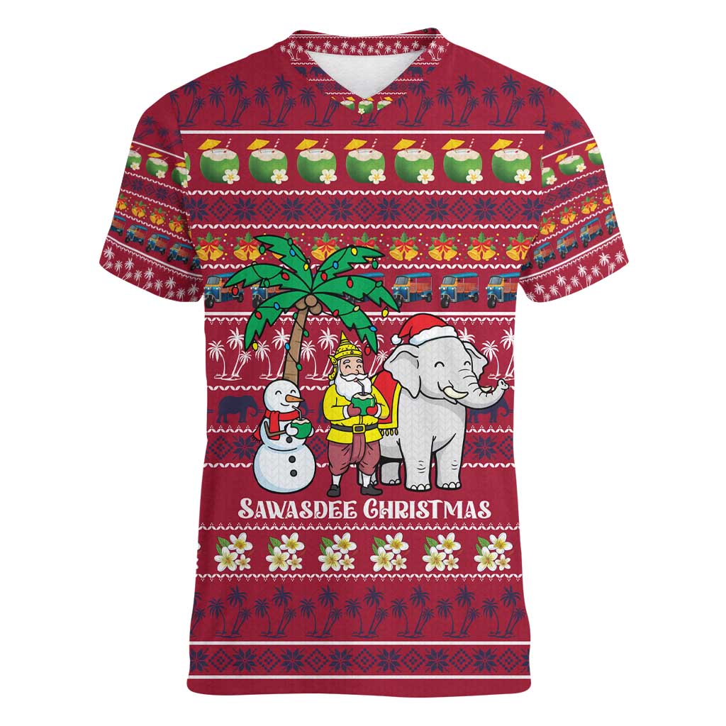 Thailand Christmas Women V-Neck T-Shirt with Santa Elephant Snowman Palm Tree and Sawasdee Holiday - Wonder Print Shop