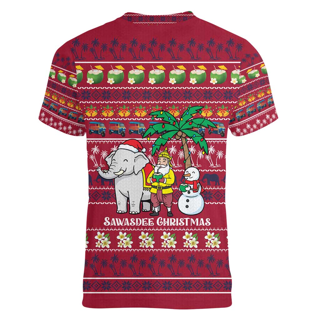 Thailand Christmas Women V-Neck T-Shirt with Santa Elephant Snowman Palm Tree and Sawasdee Holiday - Wonder Print Shop