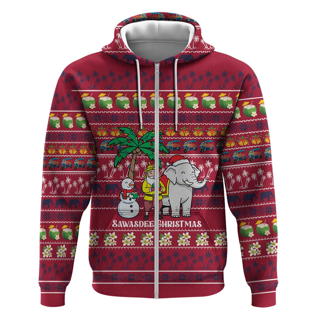 Thailand Christmas Zip Hoodie with Santa Elephant Snowman Palm Tree and Sawasdee Holiday - Wonder Print Shop