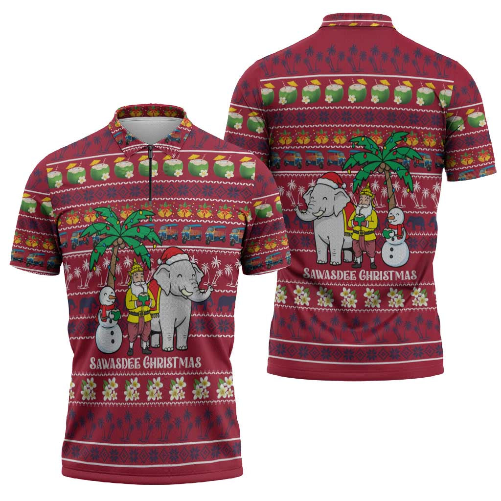 Thailand Christmas Zipper Polo Shirt with Santa Elephant Snowman Palm Tree and Sawasdee Holiday - Wonder Print Shop