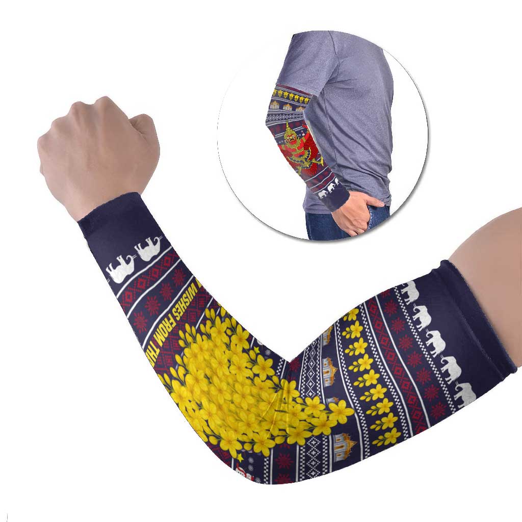 Thailand Christmas Arm Sleeves with Yellow Flower Tree Garuda Emblem and Elephant Holiday - Wonder Print Shop